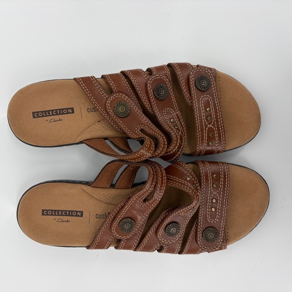 Clarks Collection Leisa Cacti Brown Leather Strap Sandals Slides Womens 7.5 - Picture 2 of 10